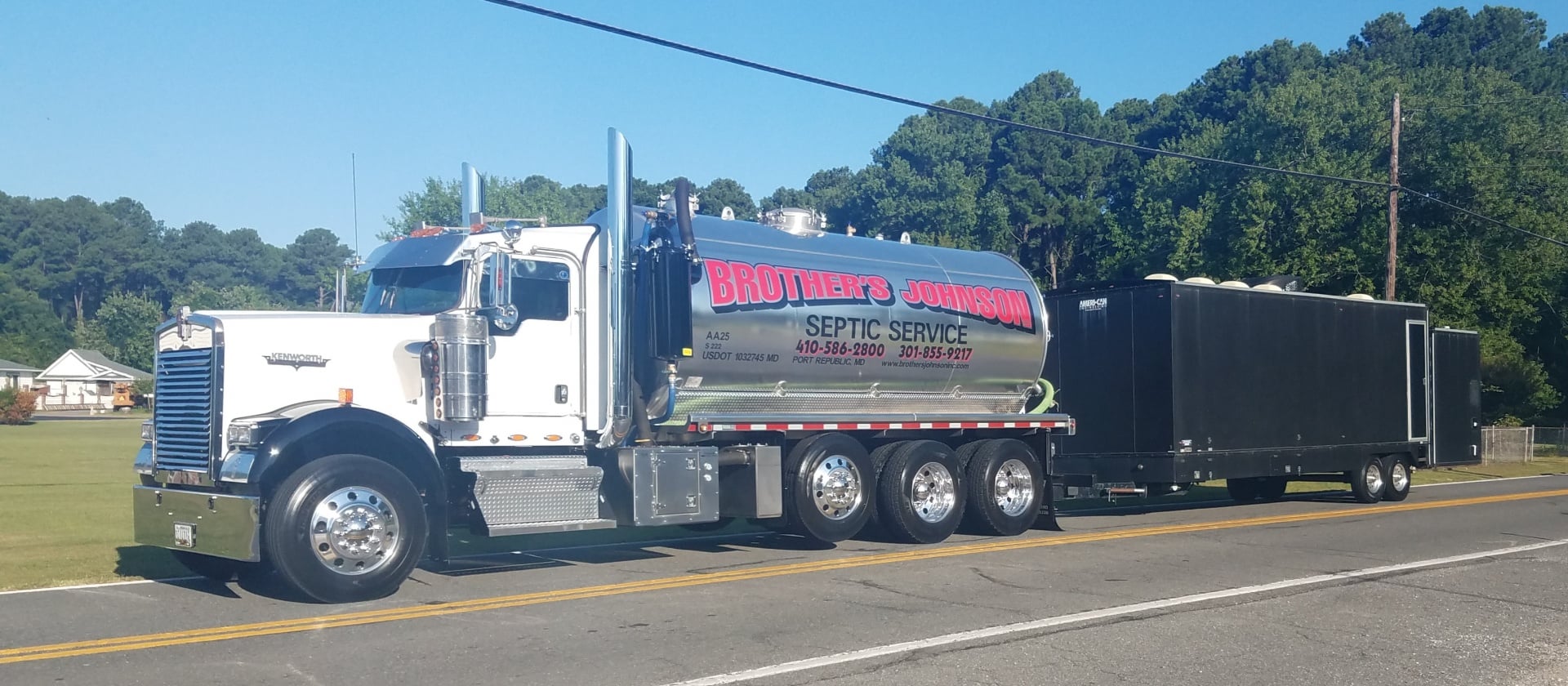 Brother's Johnson chrome Kenworth septic tanker towing a black trailer on a Calvert County road